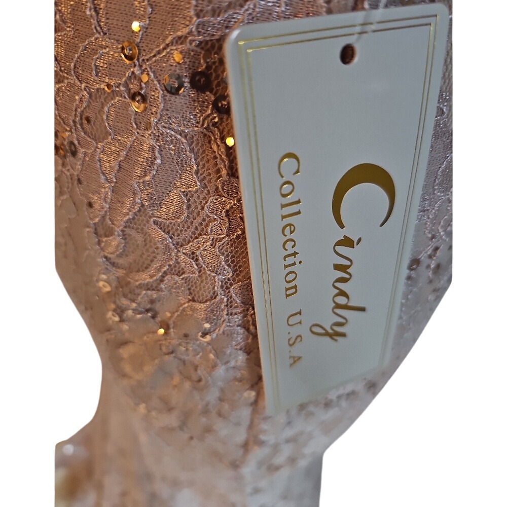 Cindy Collection USA Rose Gold Lace Sequin Mermaid Gown Rhinestone Belt 1638 S - Picture 7 of 13